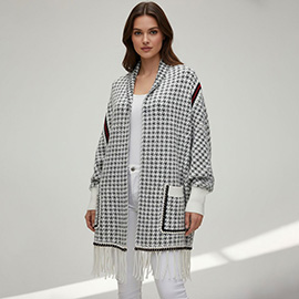Open Front Houndstooth Fringe Knit Poncho