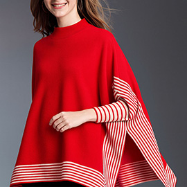Striped Hem Mock Neck Asymmetrical Poncho