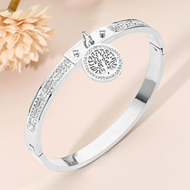 Stainless Steel Tree of Life Charm Accent CZ Stone Paved Hinged Bangle Bracelet