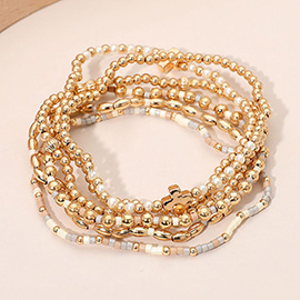 6PCS - Cross Charm Accent Seed Beaded Stretch Multi Layered Bracelets