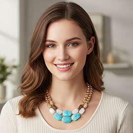 Multi Color Resin Pebble Beaded Layered Statement Necklace