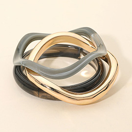 3PCS - Geometric Mixed Resin Metal Stackable Bangle Multi Layered Bracelets