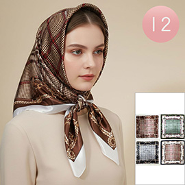 12PCS - Silky Feel Checkered Pattern Printed Square Scarves