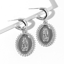White Gold Dipped CZ Halo Virgin Mary Oval Medallion Drop Dangle Mini Hoop Earrings