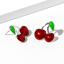 White Gold Dipped Enamel Cherry Stud Earrings
