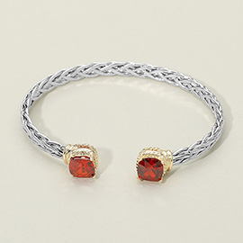 14K Gold Plated CZ Stone Tip Two Tone Braided Cuff Bracelet