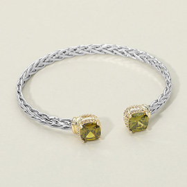 14K Gold Plated CZ Stone Tip Two Tone Braided Cuff Bracelet