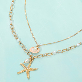 Textured Metal Starfish Pearl Shell Charm Layered Necklace