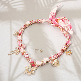 Flower Bow Heart Butterfly Charm Fabric Scarf Necklace