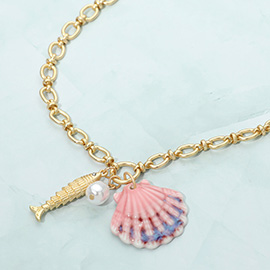 Shell Pearl Fish Charm Pendant Necklace