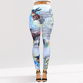 Tattoo Inspired Graphic Printed High Waisted Leggings