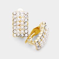 Rectangle Crystal Pearl Clip On Earrings