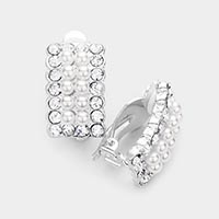 Rectangle Crystal Pearl Clip On Earrings