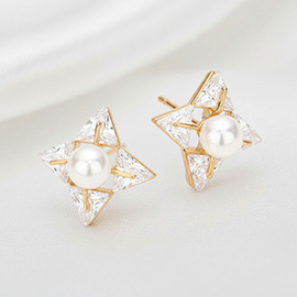 Pearl Centered Crystal CZ Stone Star Stud Earrings