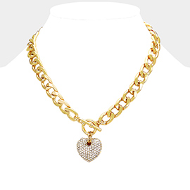 Rhinestone Pave Heart Pendant Toggle Necklace