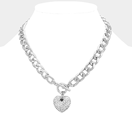 Rhinestone Pave Heart Pendant Toggle Necklace