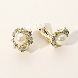 Rhinestone Paved Flower Pearl Clip On Earrings