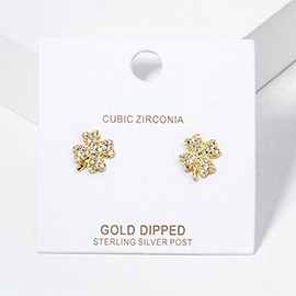 Gold Dipped CZ Paved Clover Stud Earrings
