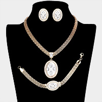 3PCS - Marquise Rhinestone Trim Oval Dangle Necklace Jewelry Set