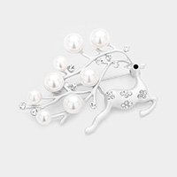 Pearl Accented Christmas Metal Rudolph Pin Brooch