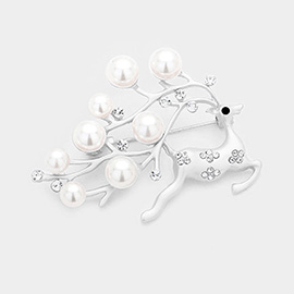 Pearl Accented Christmas Metal Rudolph Pin Brooch