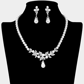 Pearl Accented Rhinestone Leaf Cluster Necklace