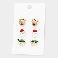 3Pairs - Mixed Rudolph Santa Claus Stud Earrings