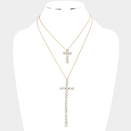 Double Layered Crystal Cross Pendant Necklace