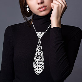 Round Stone Accented Rhinestone Neck Tie Necklace