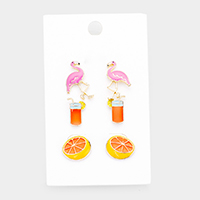 3Pairs - Enamel Flamingo Cocktail Orange Stud Earrings