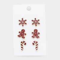 3Pairs - Christmas Enamel Stud Earrings