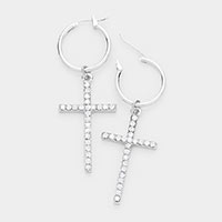 Cross Crystal Rhinestone Pave Pin Catch Earrings