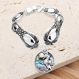 Abalone Seahorse Pearl Charm Patterned Antique Silver Bracelet