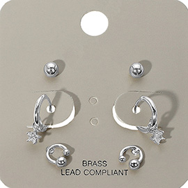 3Pairs  - Brass Metal Ball Stud Rhinestone Dangle Earrings
