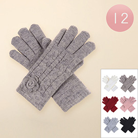 12Pairs - Faux Fur Lining Flower Detail Cable Knit Gloves