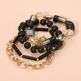 4PCS - Multi Bead Open Metal Oval Link Layered Bracelets