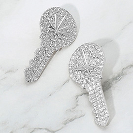 Leaf Accented Rhinestone Embellished Key Earrings