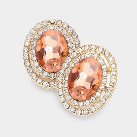 Rhinestone Trim Oval Stone Stud Evening Earrings