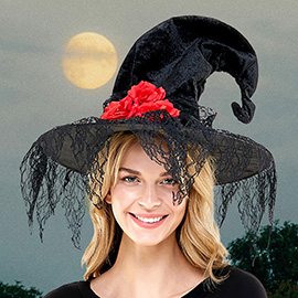 Gothic Floral Lace Trim Curved Peak Halloween Witch Hat