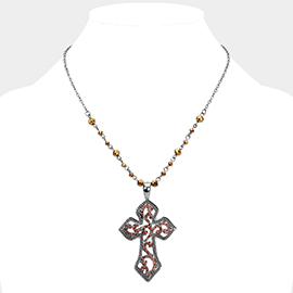 Rhinestone Embellished Metal Cross Pendant Necklace