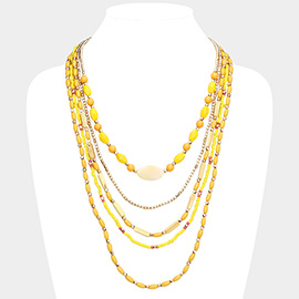 Wood Seed Beaded Multi Layered Bib Necklace