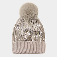 Sequin Embellished Pom Pom Beanie Hat