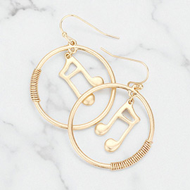 Music Notes Accented Wire Wrapped Open Metal Circle Dangle Earrings