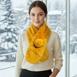 Pearl Embellished Faux Fur Pom Pom Pull Through Scarf