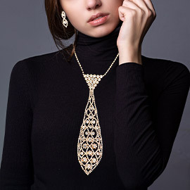 Round Stone Accented Rhinestone Neck Tie Necklace
