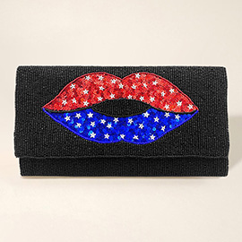 American USA Flag Lips Seed Beaded Clutch / Crossbody Bag