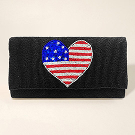 American USA Flag Heart Seed Beaded Clutch / Crossbody Bag