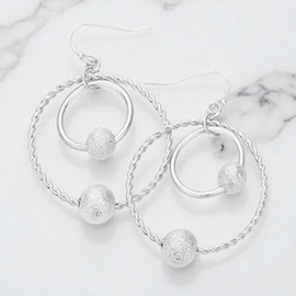 Frosted Ball Accented Brass Metal Double Open Circle Link Dangle Earrings