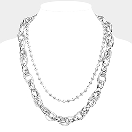 Double Layered Metal Ball Open Oval Link Bib Necklace