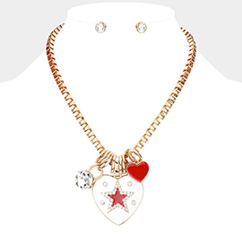 Star Centered Enamel Heart Round Stone Pendant Necklace